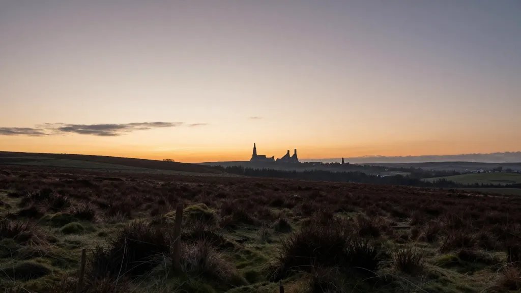 Wide moorland with distant quarry silhouettes at dawn