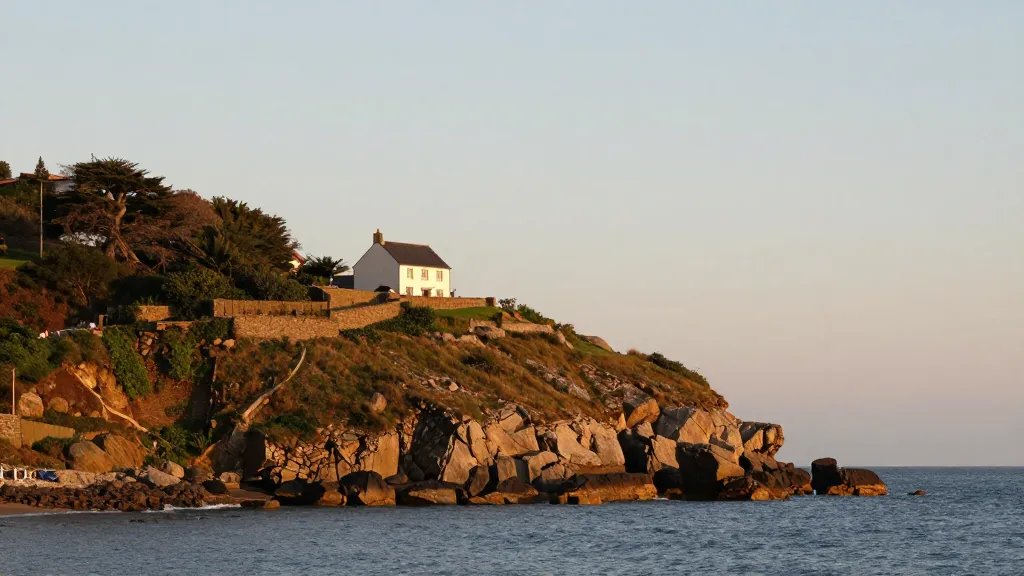 Distant view of a single seaside hillside cottage at golden hour