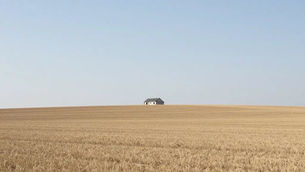 Expansive rural farmland with a lone modern house on horizon