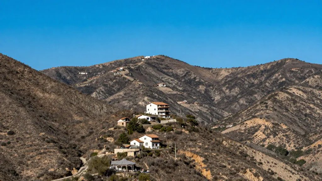 Mountain valley and a solitary residential villa under clear blue sky