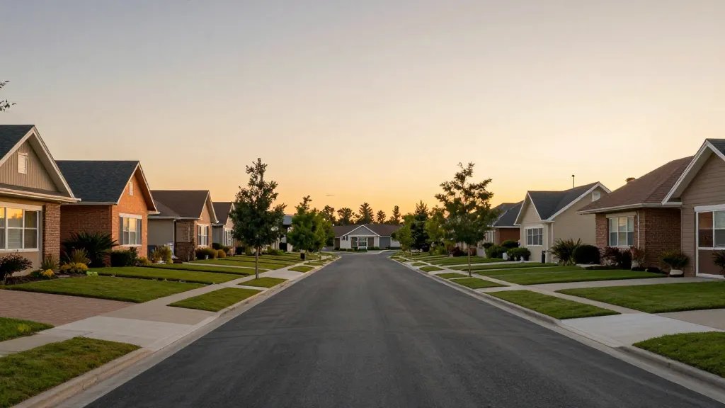 Distant view of a pristine suburban rental street at sunset