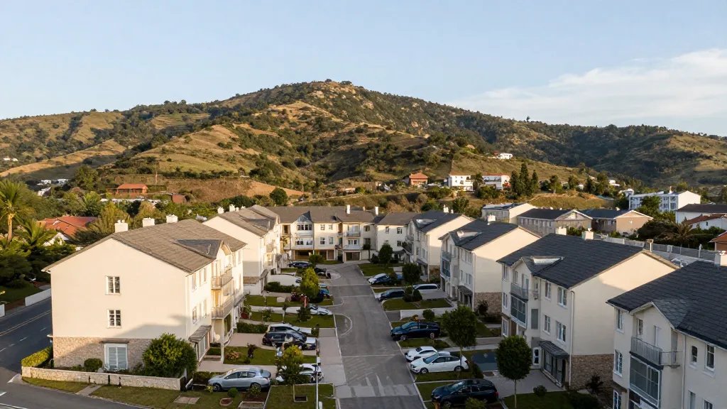 Wide hillside panorama overlooking a quiet apartment complex courtyard from above