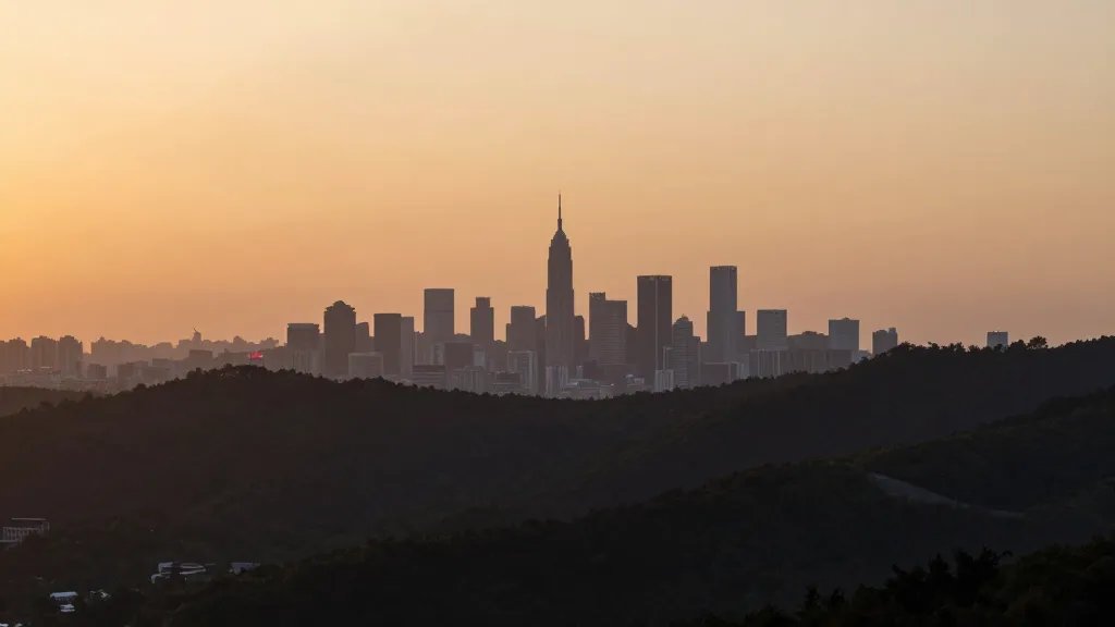 Distant hillside cityscape under sunset, understated BTL indicators on distant skyline