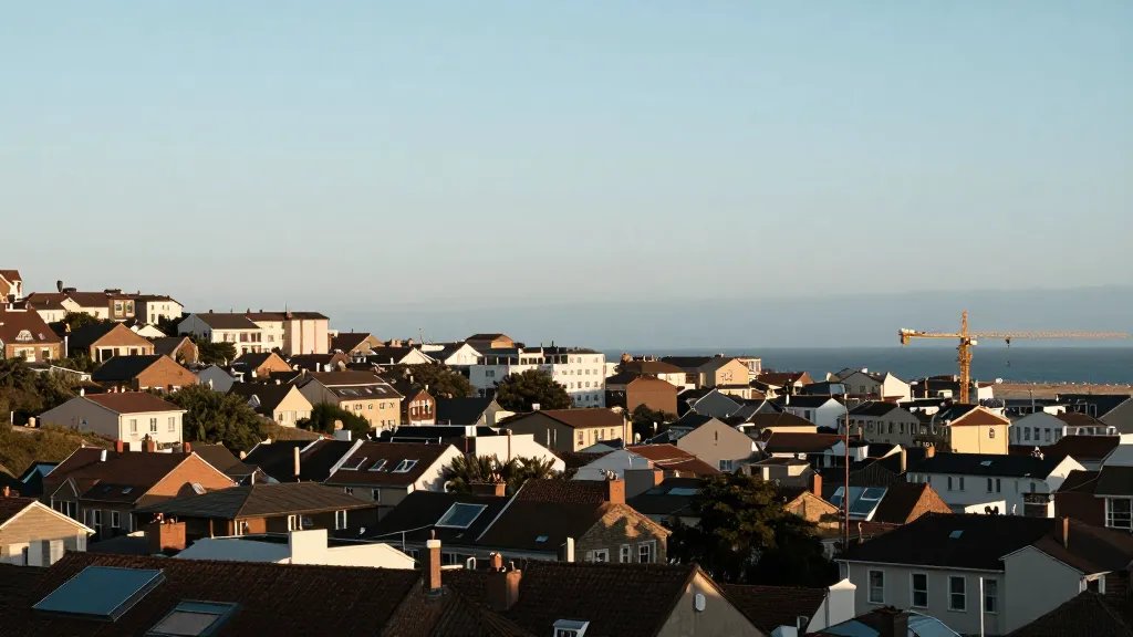 Wide coastal town horizon, rolling rooftops and cranes in soft light