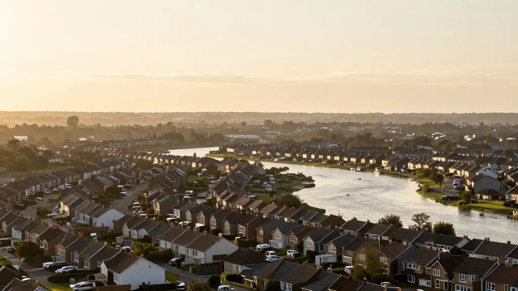 Expansive suburban river valley, quiet housing rows bathed in dawn glow