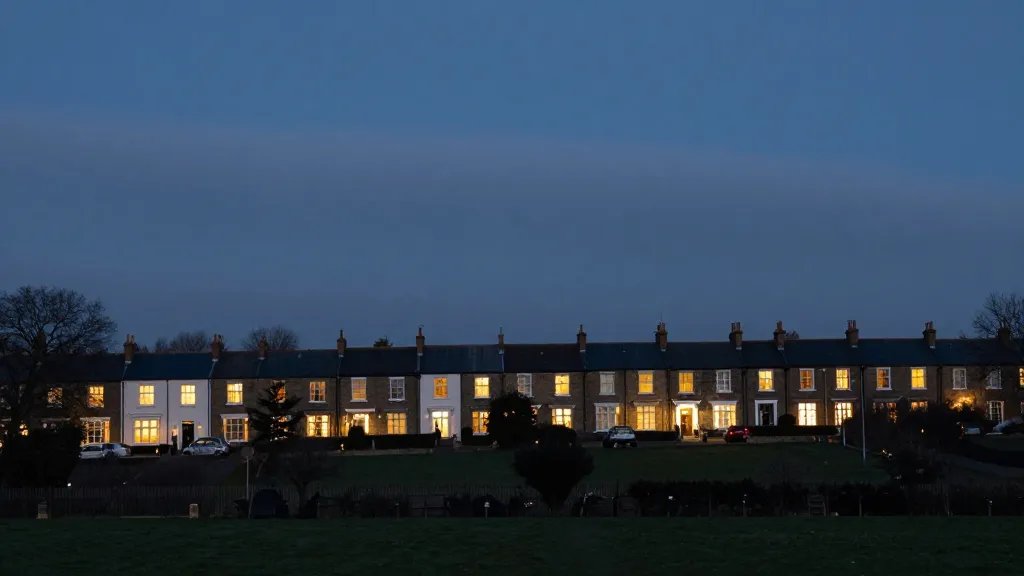 Distant landscape of a row of UK terraced houses at dusk, golden lights in windows