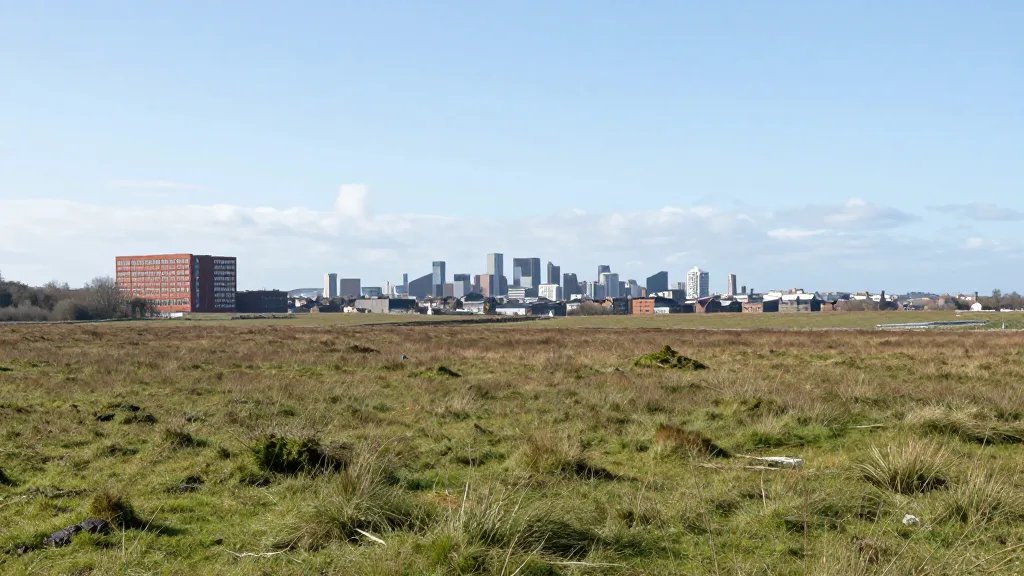Wide moorland overlooking a distant city skyline with a single UK red-brick flat block far off