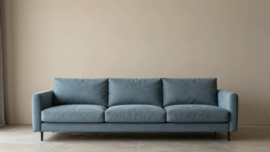 Distant view of a slate-blue sofa in a neutral living room with warm beige walls and soft grey accents, subtle textured layers, high-end mood lighting