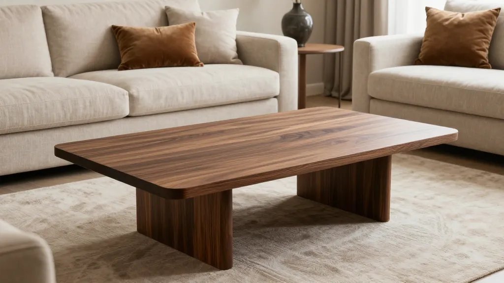 Wide-angle shot of a rich walnut coffee table centerpiece in a serene neutral lounge, with linen and velvet textures and a single bold accessory pop in the background