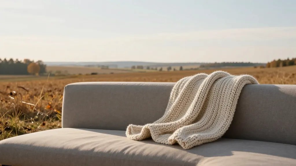 Distant landscape of a single chunky knit throw draped over a modern sofa, autumn light