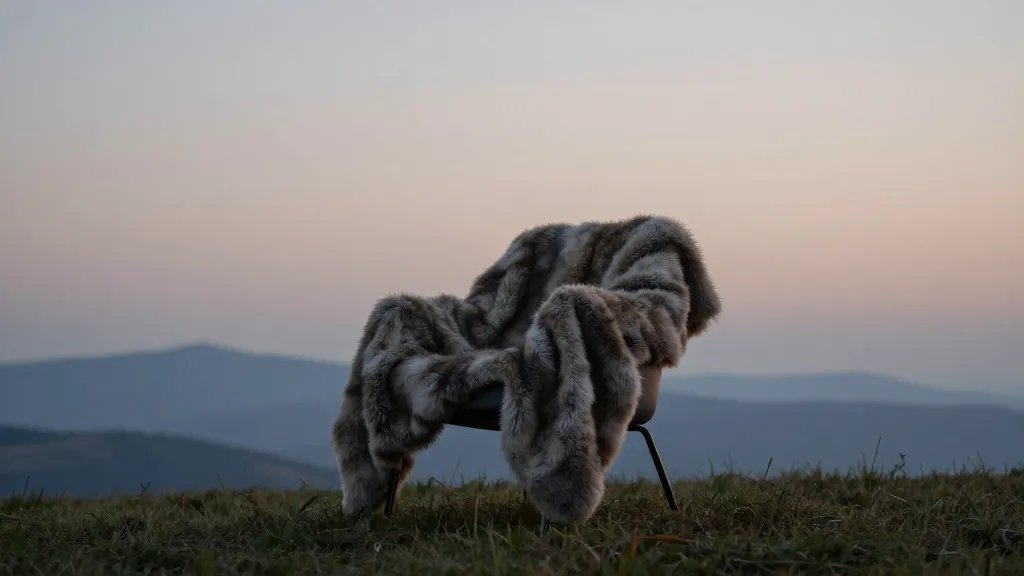 Distant landscape of a single faux fur blanket on a chic reading chair, soft dusk glow