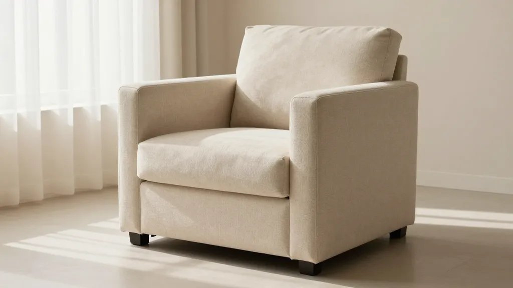 Single neutral boucle armchair in living room, soft natural light, warm beige palette