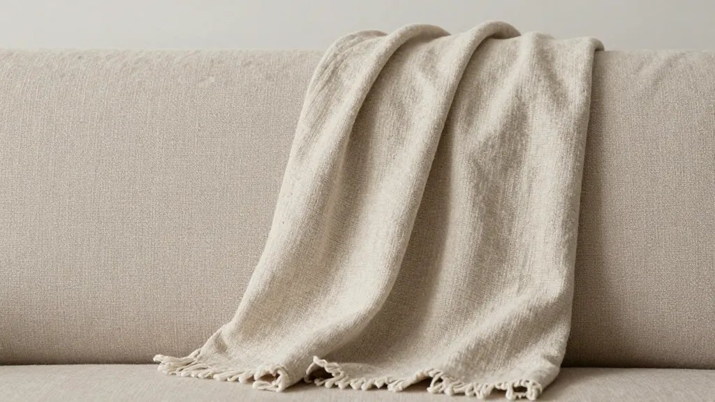 Close-up of linen throw on timeless neutral sofa, textured backdrop, calm studio vibe
