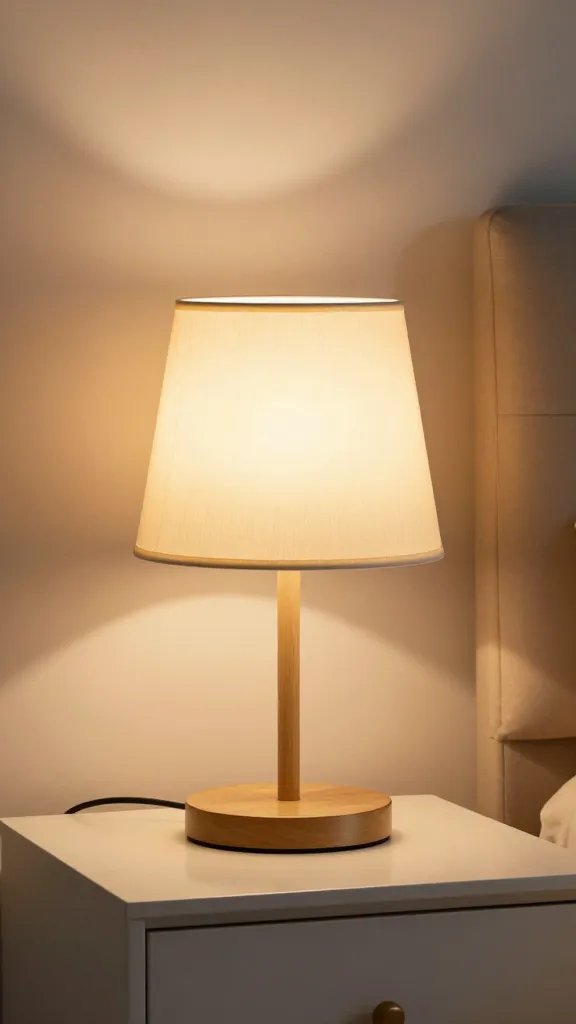 Dimmable bedside lamp with warm glow on nightstand in cozy bedroom