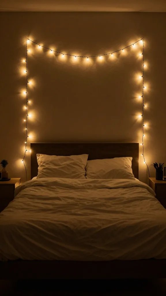 String fairy lights framing bed with soft amber illumination in intimate room