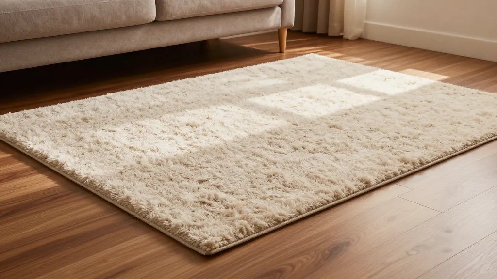 Single plush area rug on hardwood living room floor, front sofa legs on rug, warm ambient lighting, soft shadows, high-end photography