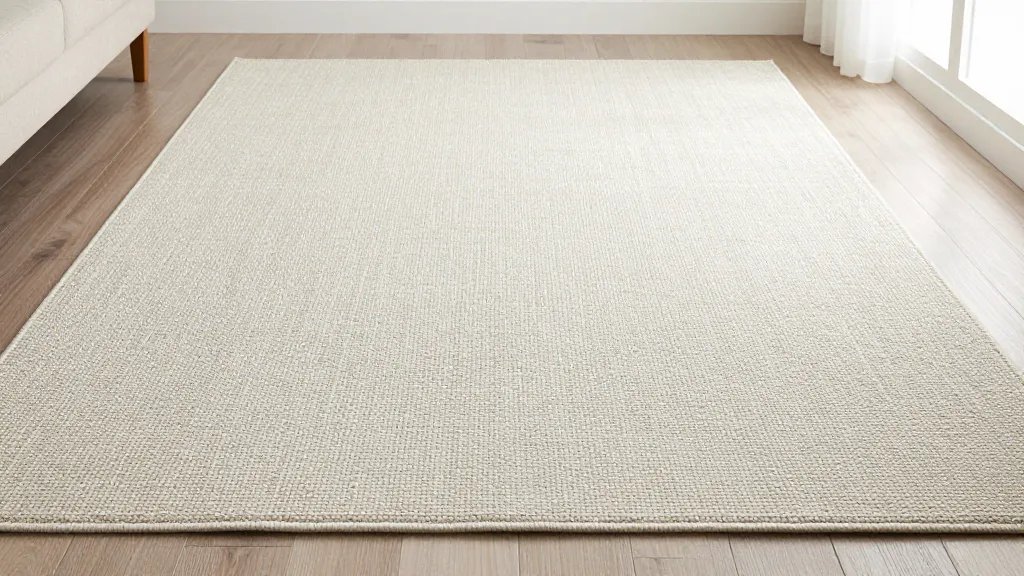 Flat-weave area rug close-up on neutral-toned living room carpet, texture emphasized, diffused natural light through window, studio-quality shot