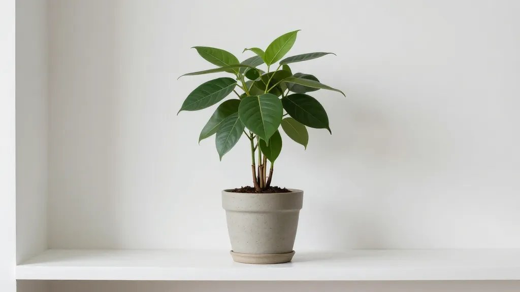 Realistic potted ficus on a minimalist white shelf, indoor lighting