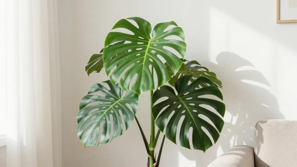 Artificial monstera plant in a modern living room corner, soft daylight