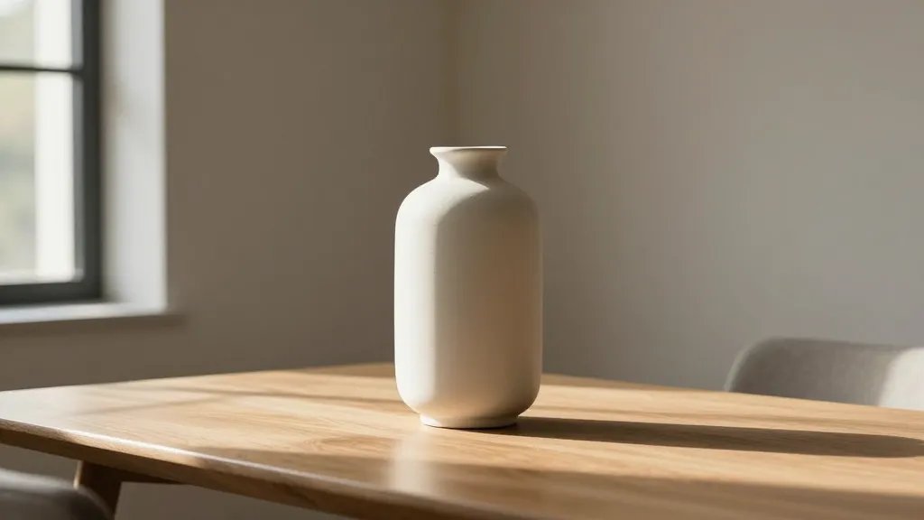 Tall ceramic vase on a minimalist wooden table, warm morning light inside a modern dining nook