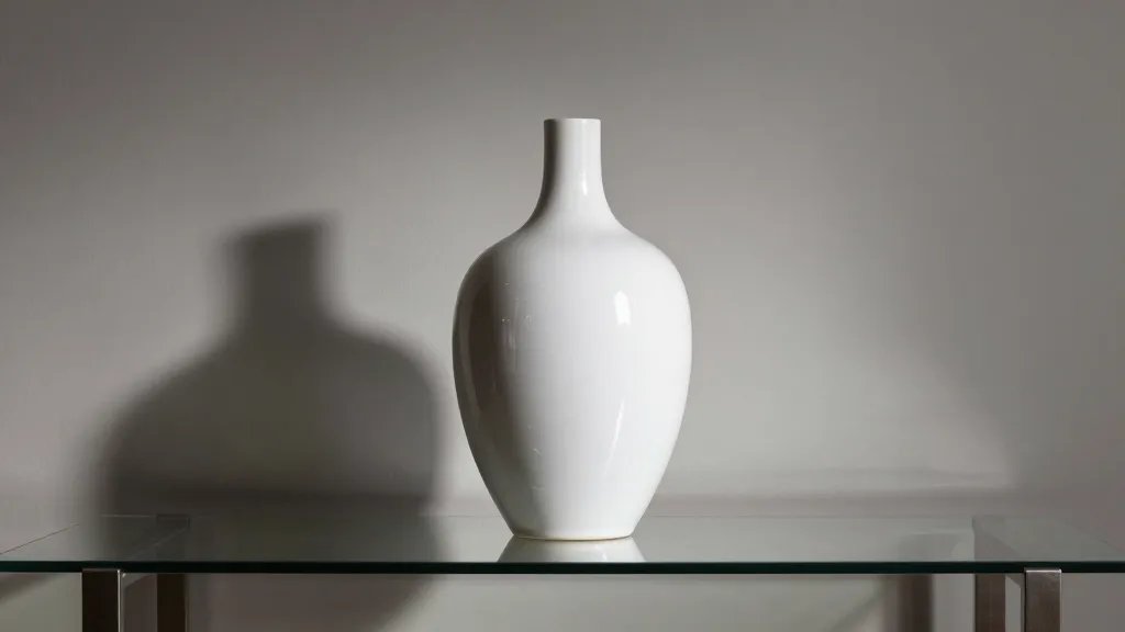 Sleek white ceramic vase solo on a glass-top console, soft ambient indoor shadows, elegant table setting