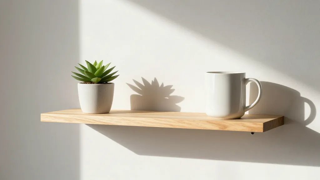 Single floating shelf with coffee mug and plant, morning light