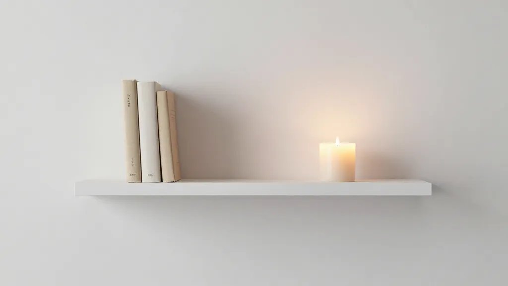 Minimalist shelf styling with book and candle, soft ambient glow
