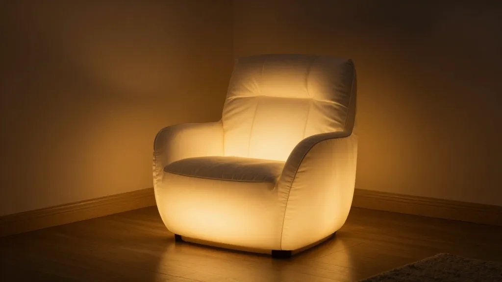 Single warm LED-lit reading nook chair with dimmable glow, cozy ambiance