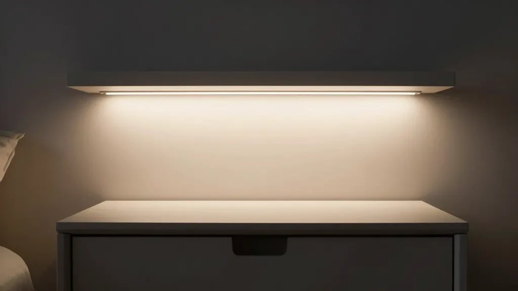 Close-up of ambient LED strip under shelf illuminating a minimalist nightstand interior