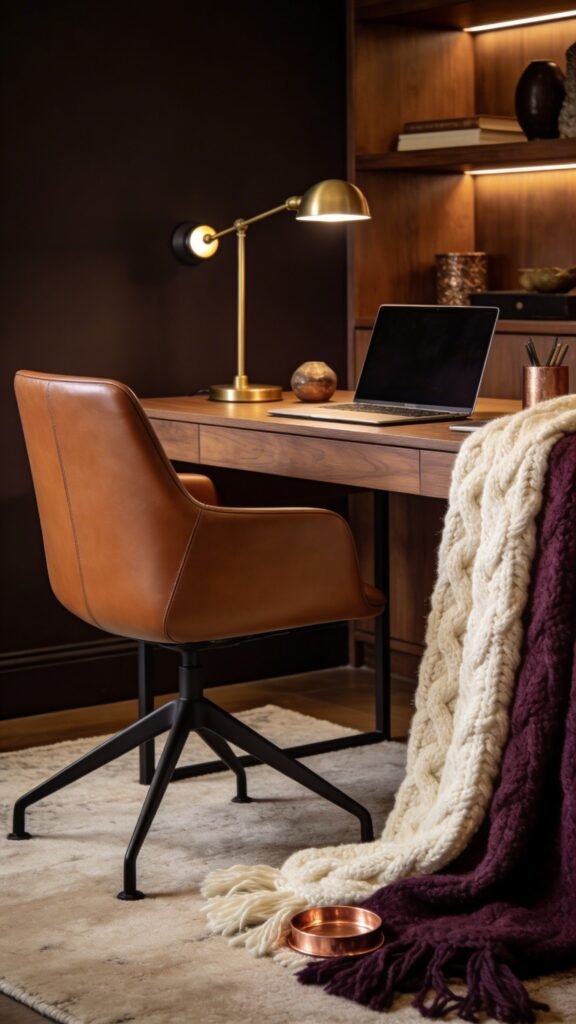 Moody Chic Retreat With Warm Wood Accents - Cozy Home Office Decor Ideas