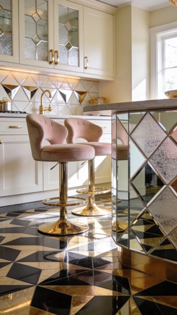 Deco-Inspired Kitchen With Mirrored Surfaces and Geometric Tile