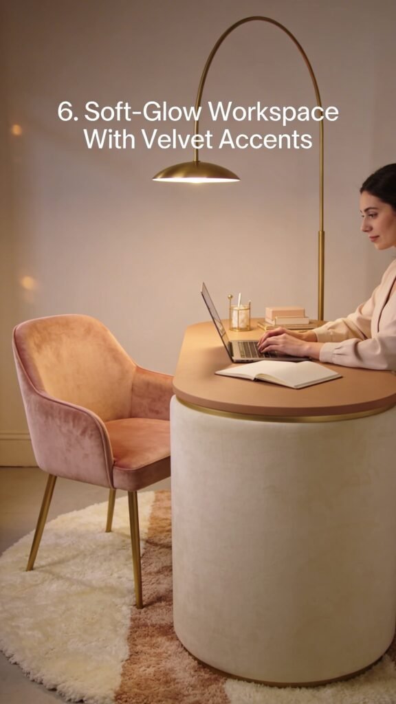 Soft-Glow Workspace With Velvet Accents